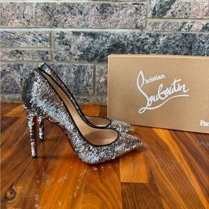 Christian Louboutin Pigalle Follies 100 Paillettes Caresse Sequins Silver Heels